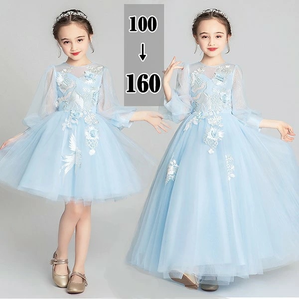 キッズ ドレス 子供服 キッズドレス ピアノ 発表会 結婚式 ワンピース 女の子 ロング丈 ショート丈 パフスリーブ ラウンドネック 長袖 透け感 クラシカル プリンセスライン フォーマルドレス パー