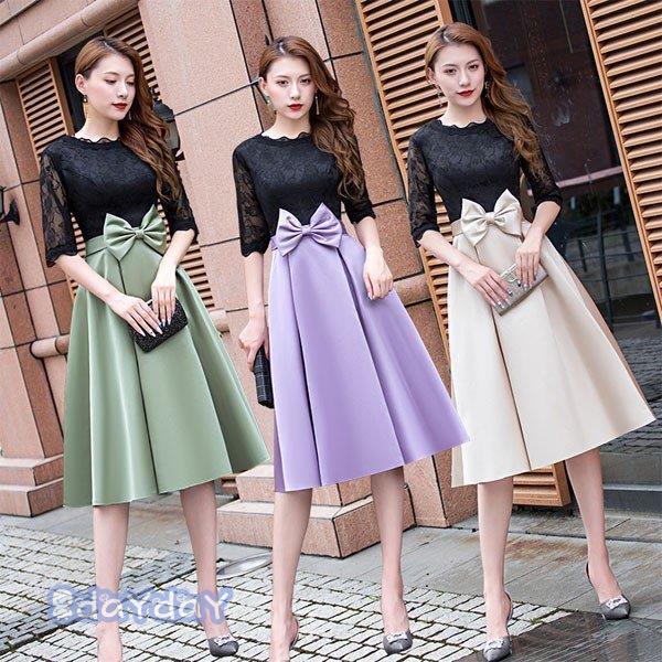 パーティードレス 結婚式 袖あり ウエディング ミモレ丈 ワンピース レース 大きいサイズ 大人 上品 お呼ばれ 食事会 二次会 披露宴 卒業式 成人式 黒 安い