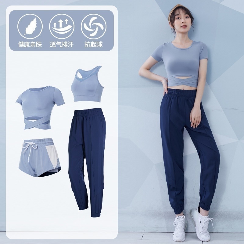 【送料無料】4点セットヨガウェアセット女性用ヨガウェア夏のファッション気質スポーツウェア高級タイトフィットトレーニングスウェットシャツモーニングランニングジムウェアセットスポーツウェア迅速配送
