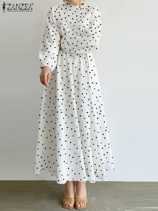 納期約21日から30日:Zanzea-ハートプリントのエレガントな正午のドレス,長いパフスリーブ,韓国スタイル,ギャザーウエストの女性のイブニングドレス