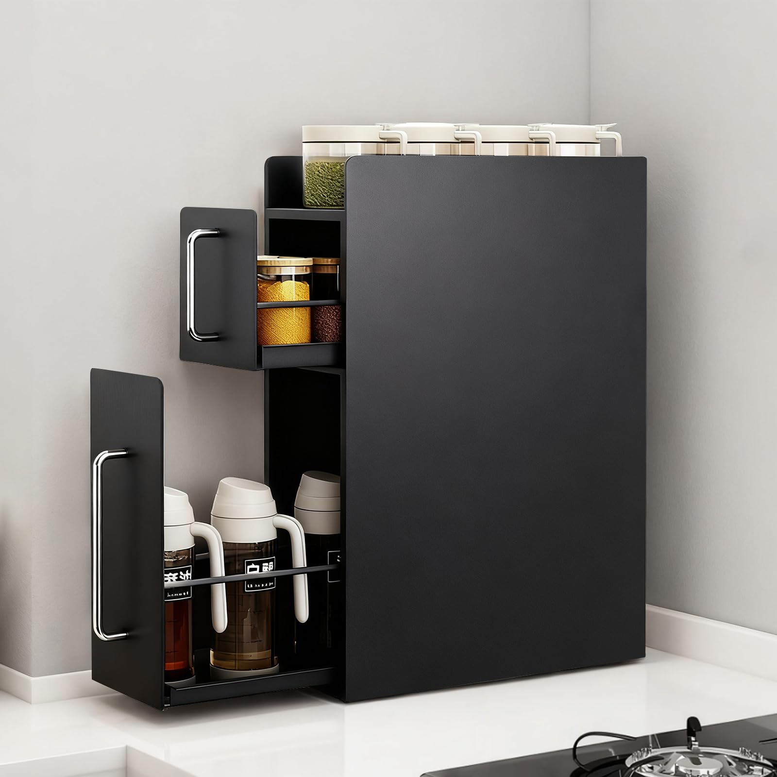 隠せる調味料ラック 2段 台所用 スパイスラック 隙間収納 引き出し式 コンロ横 キッチンラック 省スペース大型 大容量 キッチン収納 (ブラック 隠せる調味料ラック 2段)