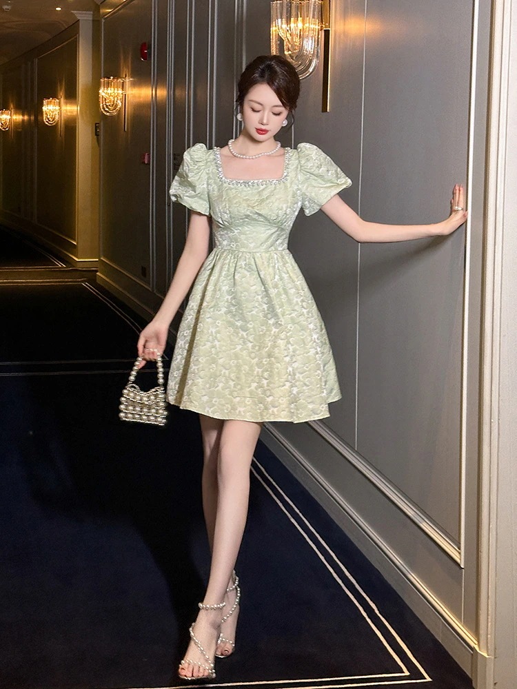 JY上品 24 森ガール ショート グリーン ドレス パーティー キャバ 大人 同窓会 披露宴 卒業式 結婚式 演奏会 ウェディング 二次会 メガ割