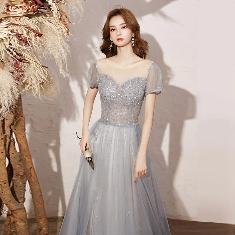 妖精のイブニングドレス 2024 夏 薄いセクション 雰囲気のあるスパンコール 宴会ホストドレス