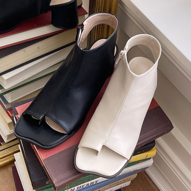 シューズ 靴 ブーツ風 サンダル 太ヒール かかとカット スクエアトゥ 5cm オープントゥ サイド ジッパー スプライシング かわいい 大人可愛い きれいめ シンプル カジュアル 大人 おしゃれ l
