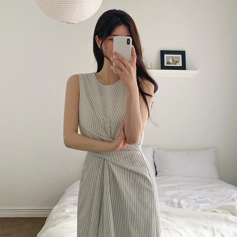 [top0630] 韓国ファッション ストライプ ラップ ロング ワンピース