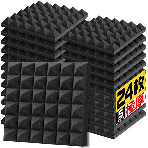 YOPIN 吸音材 30*30*5CM 極厚 ウレタンフォーム 吸音対策 室内装飾 楽器 消音 騒音 防音 吸音パネル 両面テープ付き (2.16M2(24枚), 黒(ピラミッド形))