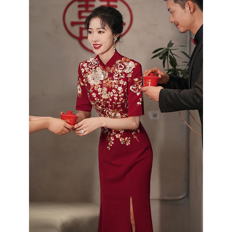 中式 チャイナドレス お色直しドレス 新婦 2026 春 フィット マーメイド レッド 結婚 イブニングドレス レディース