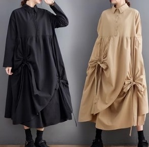 レディース ワンピース 膝下 ロング 7分丈 8分丈 長袖 ラウンドネック 襟付き リボン 前開き かわいい 大人可愛い シンプル カジュアル レトロ こなれ感 ラフ ガーリー 無地 春 秋 マタニテ