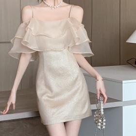 ワンピース パーティー 結婚式 二次会 披露宴 演奏会 発表会 ステージ 謝恩会 ミニ ショート オフショルダー 襟なし スレンダー タイト スリム 細身 シフォン フリル 切り替えデザイン