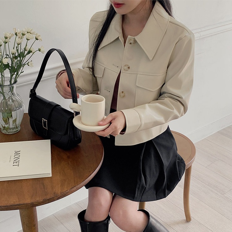 [tjk0346] 韓国ファッションポケットクロップレザージャケット