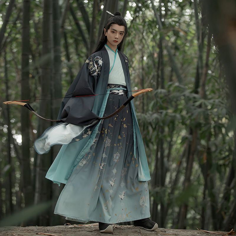 オリジナル漢服彼と鶴魏晋風クロスカラー腰丈袖シャツ男女カップル同風古代衣装モデル