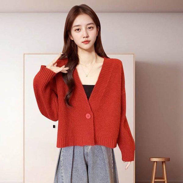 女性のデイリー生地ボタンVネックニットカーディガンLDW-CA-SSIS595-レッド