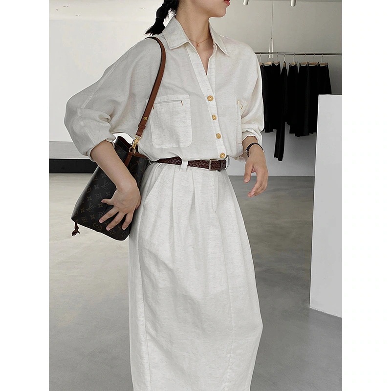 2025 秋 ワンピース リネン シャツワンピース 新作 デザイン感 長袖 レディースファッション
