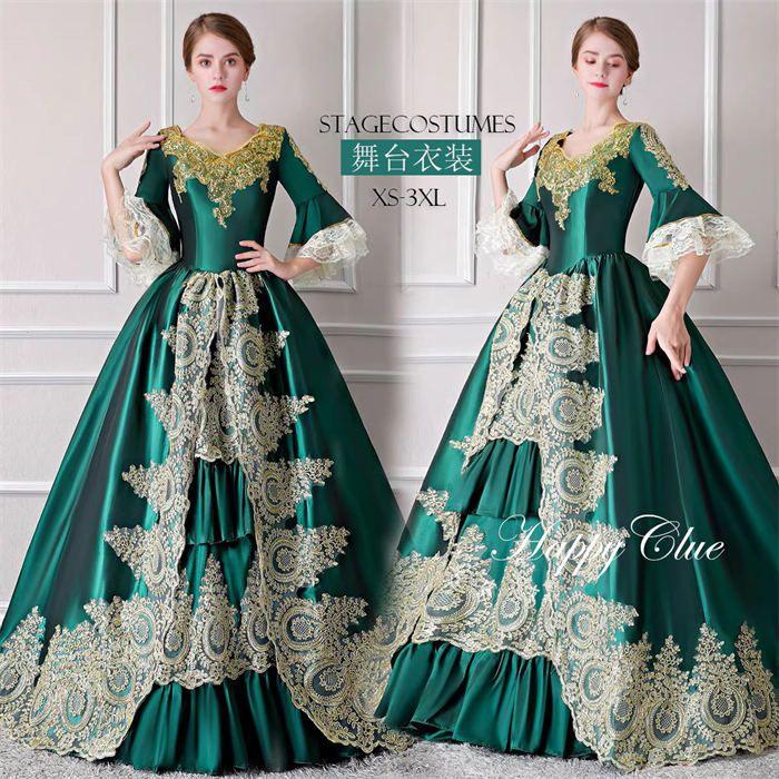 貴族衣装 貴族ドレス 中世貴族風お姫様ドレス 舞台衣装 ステージ衣装 オペラ声楽 中世ヨーロッパ 王族服 おしゃれ グリーン 緑 プリンセスライン 稽古 舞台 パー
