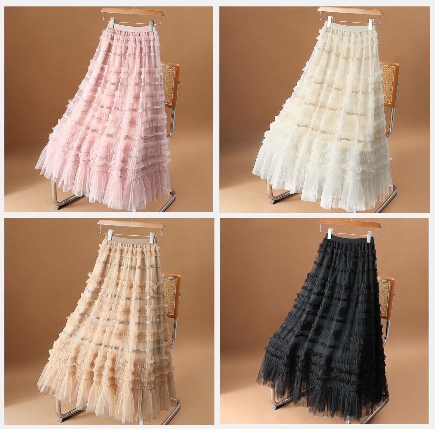 レディース スカート フレアスカート ロング マキシ ワイド フレア Aライン レース チュール フリル ふわふわ ウエストゴム 透け感 かわいい 大人可愛い カジュアル おしゃれ レトロ ラフ