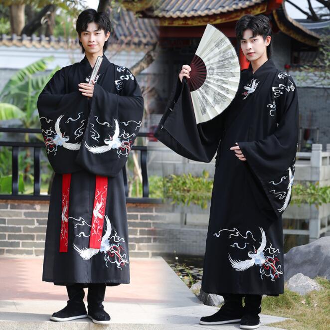ハロウィン衣装 チャイナ服 メンズ 中華 コスプレ衣装 ロング丈 チャイナブラウス 中華コート 振袖 交差 ロング コート タンチョウ 鶴 刺繍 華流 時代劇 小生 漢とても安い