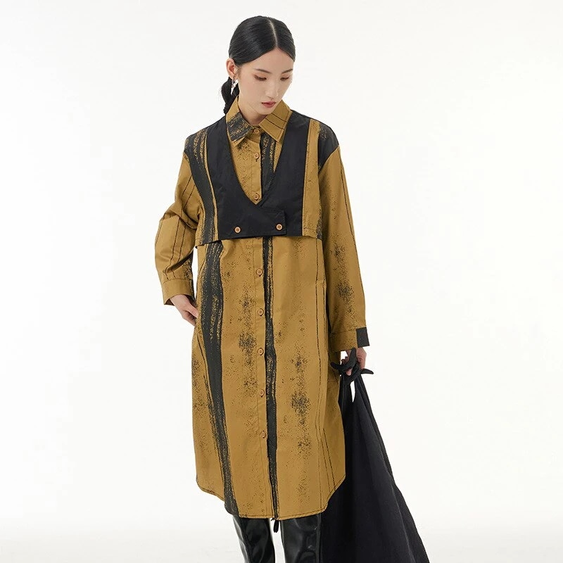 2024フェイクレイヤードデザイン長袖シャツワンピースベストセットアップレディース秋服韓国ファッションストライプブラウスロング2024人気新作 母の日
