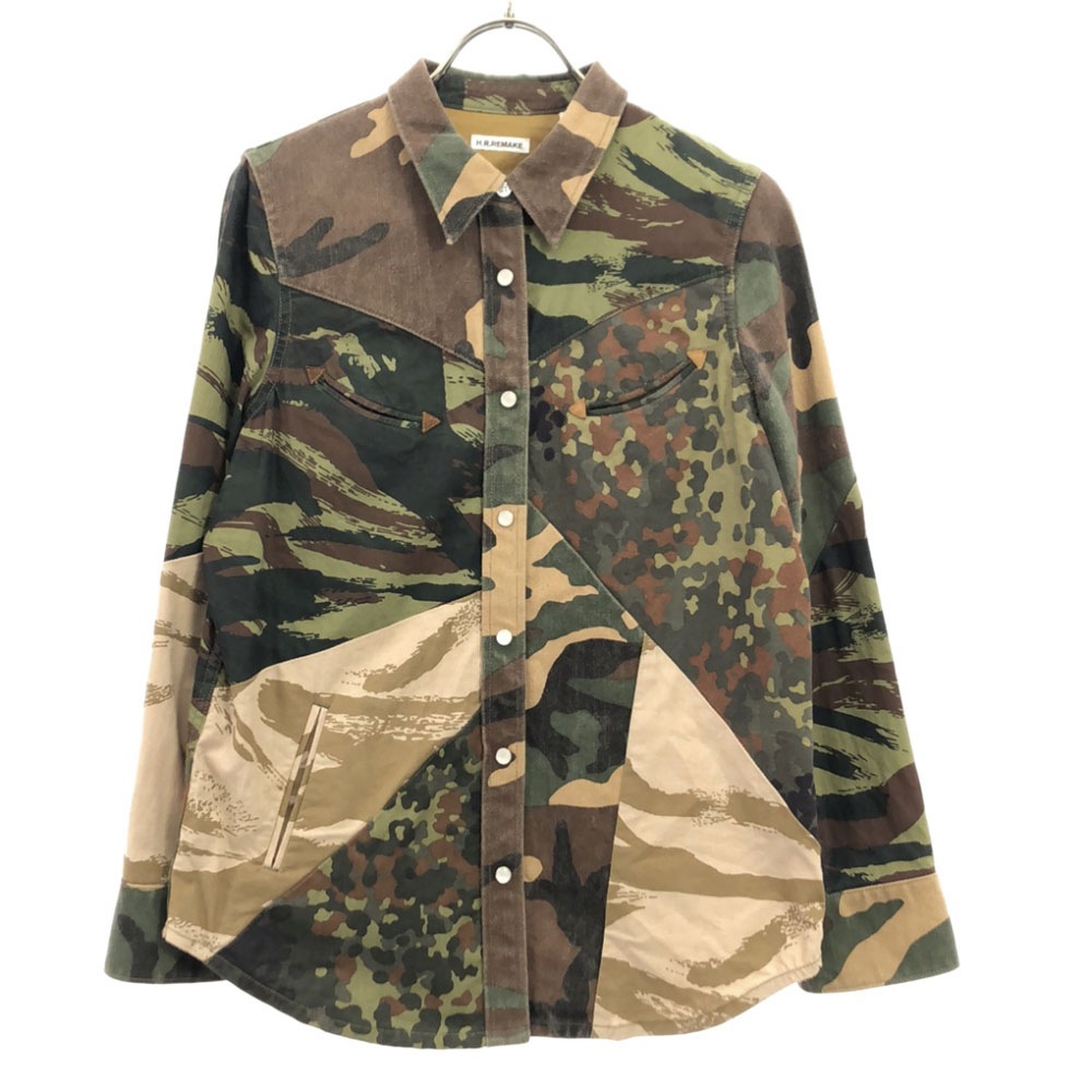 エイチアールリメイク 日本製 迷彩 カモフラ 長袖 ミリタリーシャツ M カーキ系 H.R.REMAKE ハリウッドランチマーケット レディース