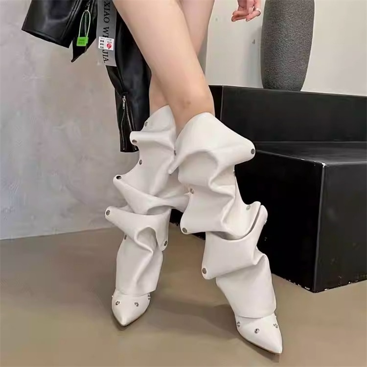 早い者勝ち 2024春夏 ロングブーツ 柳釘 スタックブーツ 個性 ポインテッドトゥ 歩きやすい 面ファスナー つなぎ 細身ヒール デニムブーツ プリーツ 長靴 女性 シューズ