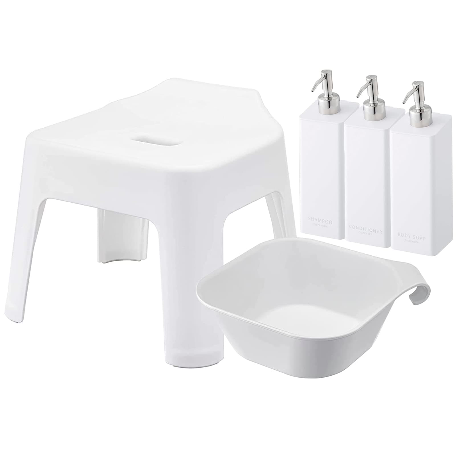 山崎実業(Yamazaki) 引っ掛け風呂イス 座面高25cm マグネット＆引っ掛け湯おけ マグネットディスペンサーボトル 3本セット 【5点セット】 tower バスチェア ホワイト 5383 53