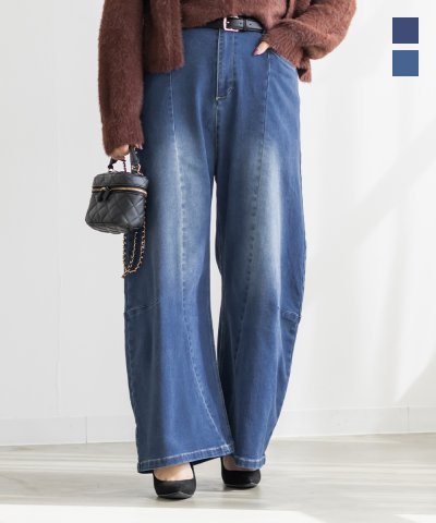 大きいサイズ レディース LL 3L 4L XL XXL XXXL 裏起毛ワイドカーブデニムパンツ