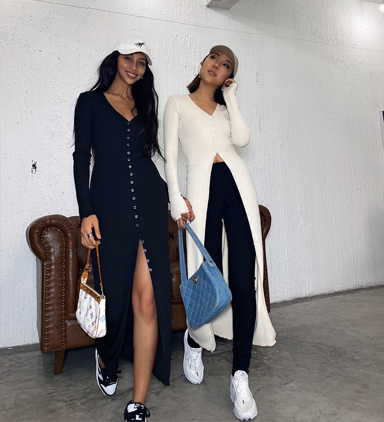 Vネックリブニットワンピース リブニットワンピース 長袖 カーディガン ワンピース ドレス レディース ミモレ丈 アメカジ カジュアル ストリート ２カラー a4331
