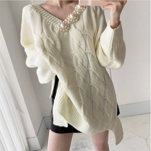 202夏INS 新作 カジュアル 気質 chic パール ニット セーター ブラック/フリーサイズ 5211