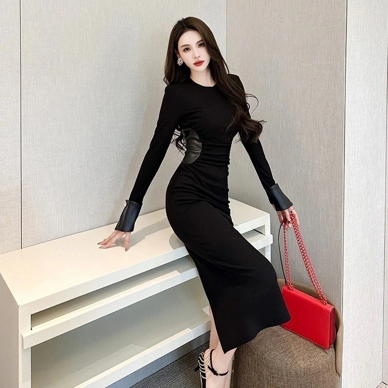 【JY.上品】 ドレス 春 PUレザー ドッキング シンプル ロングワンピース フォーマル ドレス 同窓会 披露宴 卒業式 結婚式 演奏会 パーティードレス 二次会 発表会