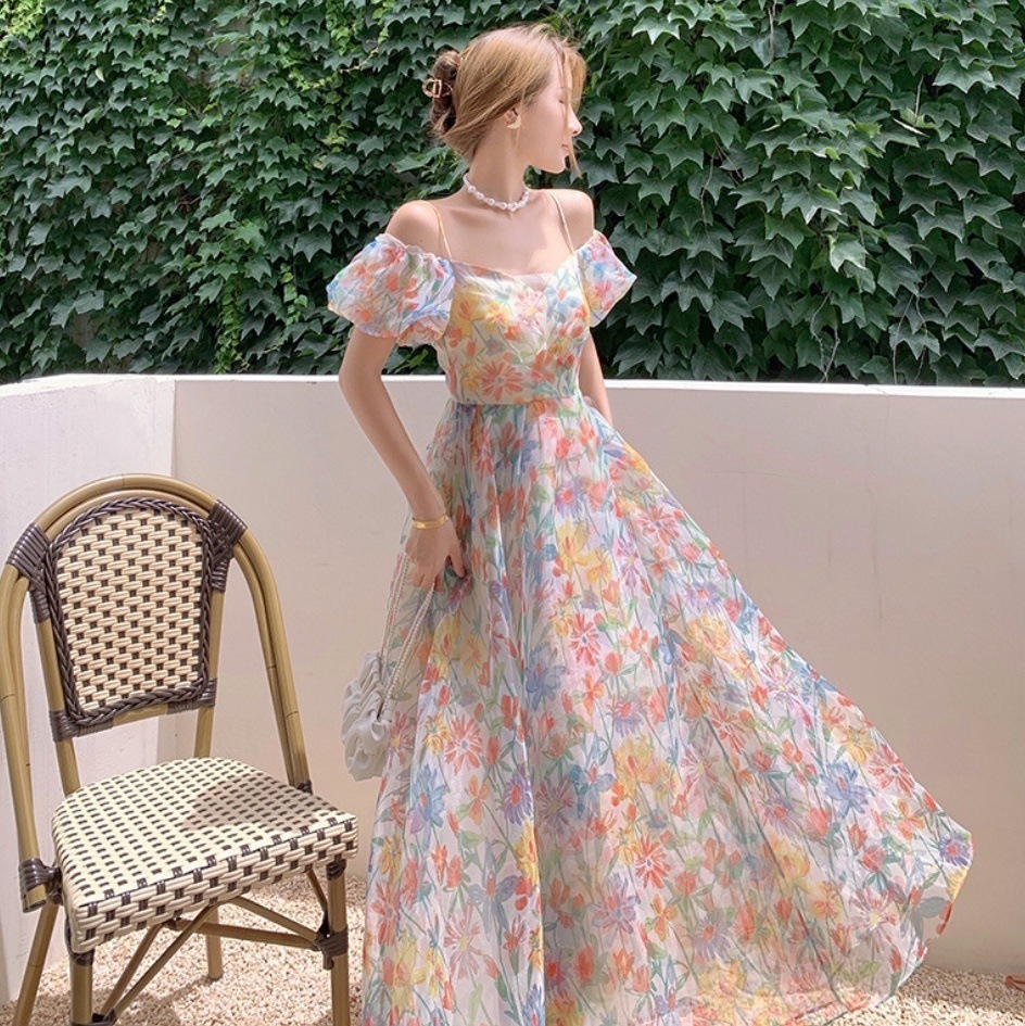 シフォンロングドレス パフスリーブ パーティードレス韓国 レディース オルチャン 背中開き バックコンシャス リゾートワンピ 花柄 フラワー パステル マキシ丈 パフスリーブ