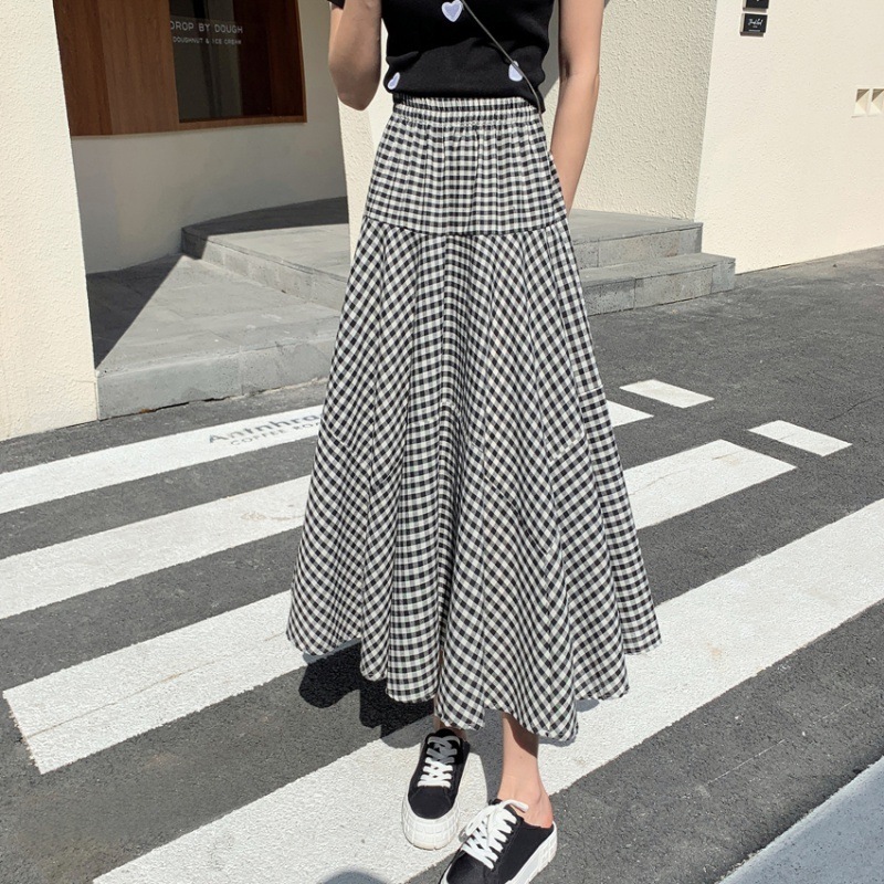 フレアロングスカート ウエストゴム ギンガムチェック スカート ストレート チェック柄 プリーツスカート プリーツ ハイウエスト スリム 細身 韓国 レディース かわいい 可愛い 大人可愛い