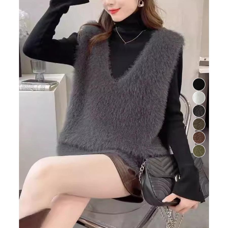 Vネック起毛フェザーニットベストふわふわ