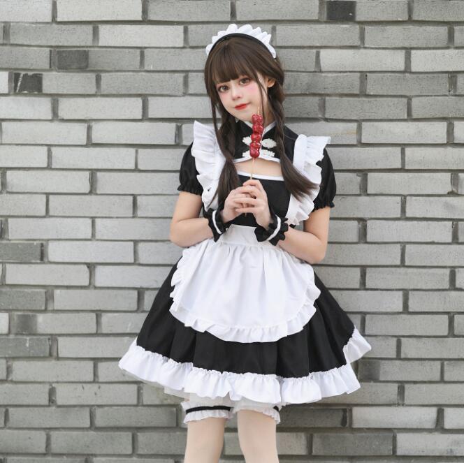 迅速な出荷 メイド服 メイドコス ロリータ メイド服 半袖 膝丈 ショート丈 ワンピース ロリータ服 チャイナカラー 穴開け 中華風 エプロンウェイトレス ハロウィン コスプレ衣装 女装 仮装 変装
