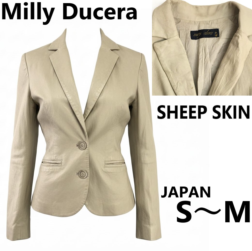 Milly Ducera/ミリーデュセラシープスキン/レザー/テーラードジャケット【レディースS-M程度（細身）アイボリー/ivory】羊皮/アウター/ブルゾン/Jacket/JumperBJ127-