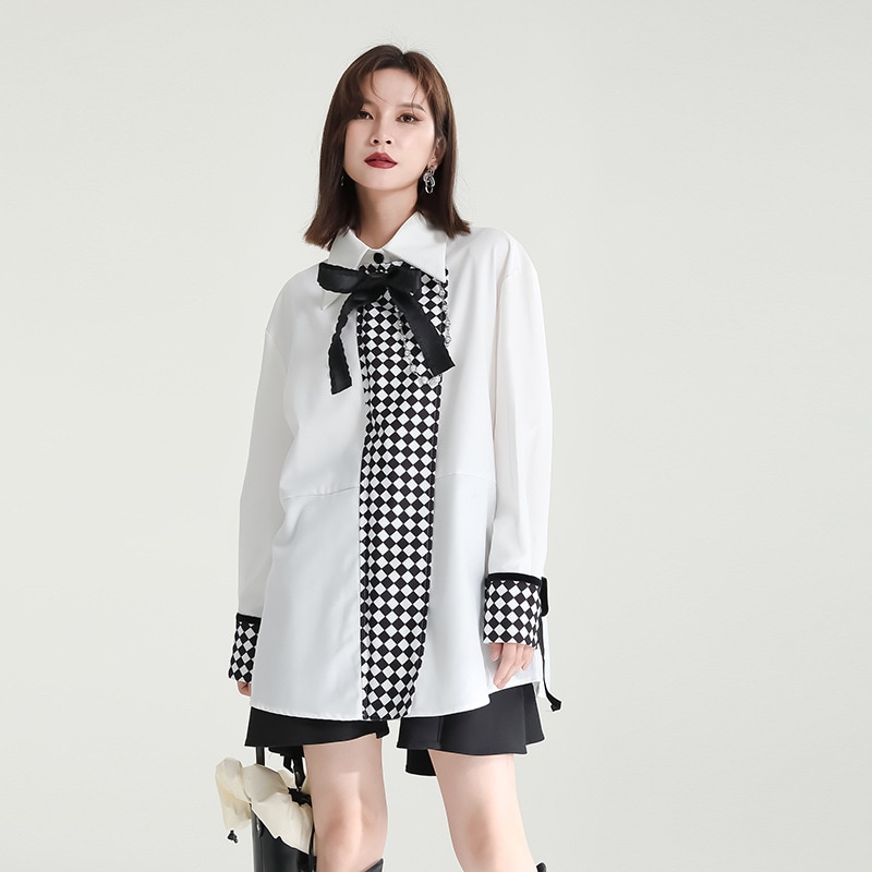 可愛いチェック長袖ブラウスレディース秋服韓国ファッショントップスシャツ ドレス ワイシャツ