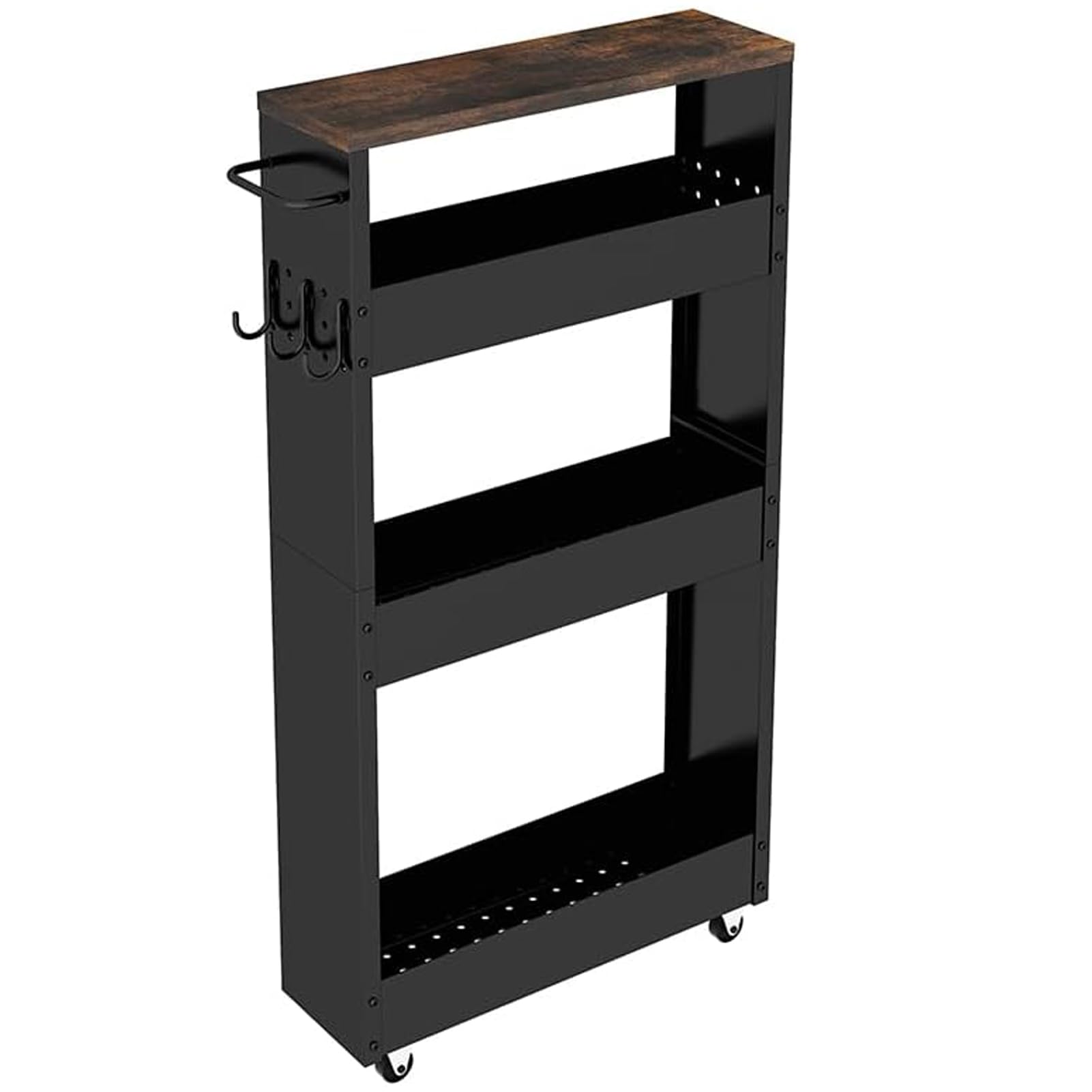 スリムワゴン 4段 幅13cm 隙間収納 キャスター付き キッチン収納 組立式 金属ラック 洗面所収納 冷蔵庫横 省スペース ワゴン ブラック W13×D42.5×H82cm