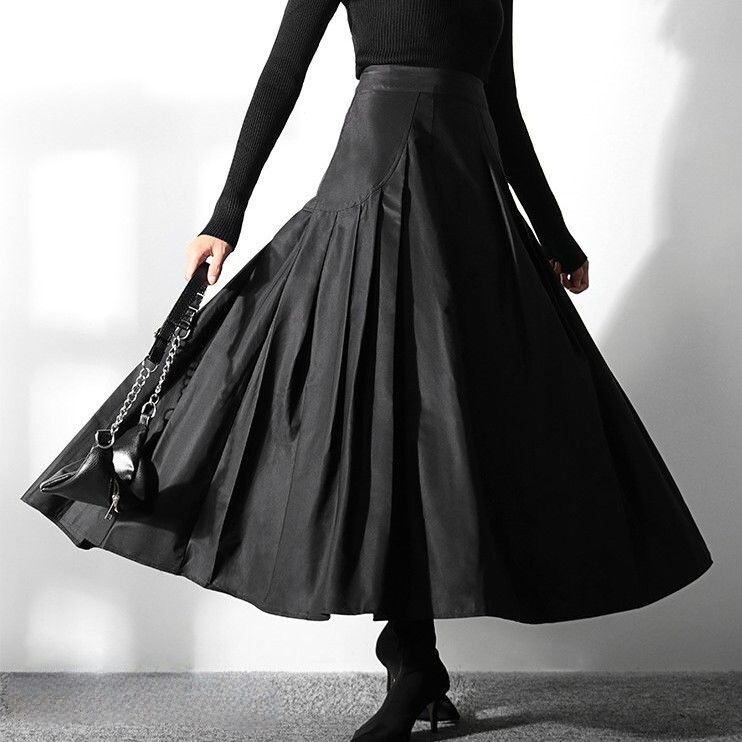 サイドタック 美シルエット アンブレラスカート風 レディース スカート タックスカート ロングスカート 膝下 ロング マキシ Aライン ハイウエスト バックファスナー サイドポケット きれいめ