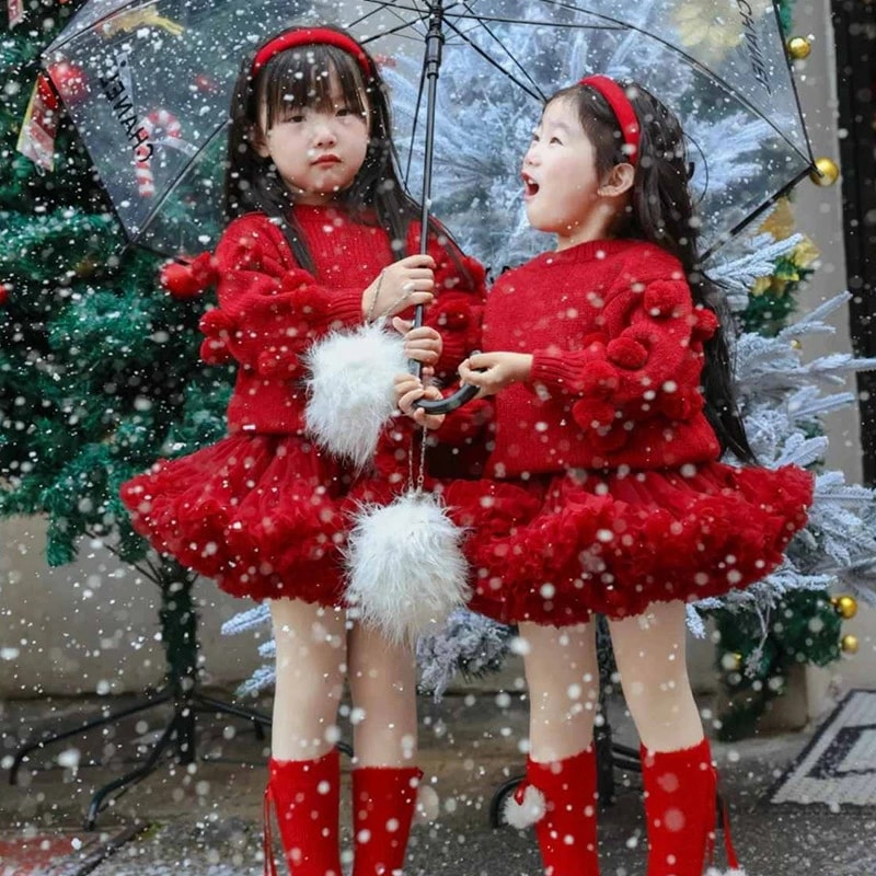 クリスマスセーター 子供服 ポンポン付き ニットセーター トップス チュールスカート 女の子 フォーマル 子供 カットソー キッズ ジュニア サンタ服 長袖 防寒 ベビー 可愛い カジュアル 暖かい