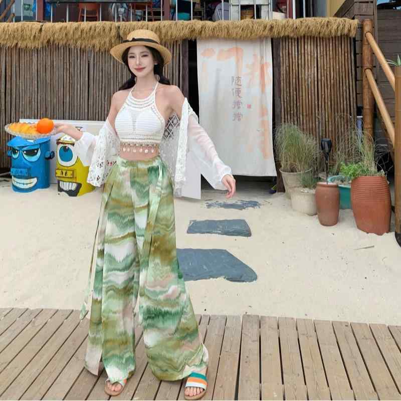 レディース ファッション 旅行 スーツ 海辺 長袖 日焼け防止 ブラウス 休暇 女性用 ハイウエスト ストレート ワイドレッグパンツ リゾート ビーチウェア エスニック 軽量 トロピカル