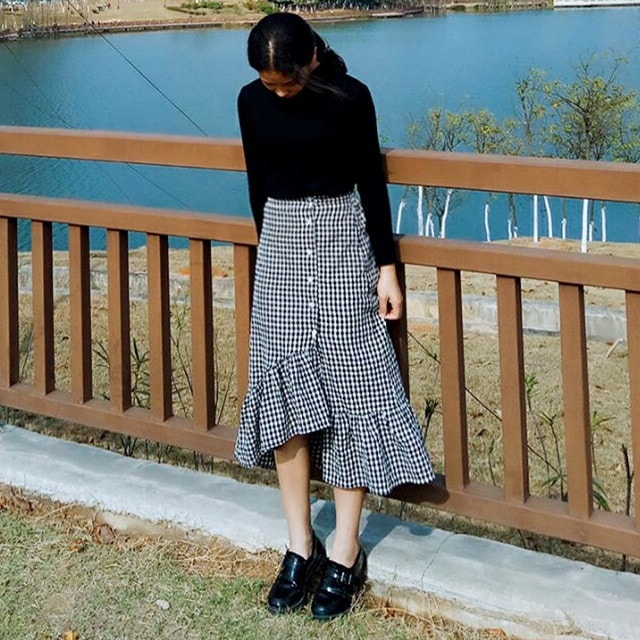 3005.ハイウエストチェック柄フリルスカート（ブラック）