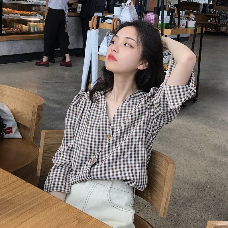 パフスリーブギンガムチェックシャツ ガーリー 可愛い きれい 大人 0356t