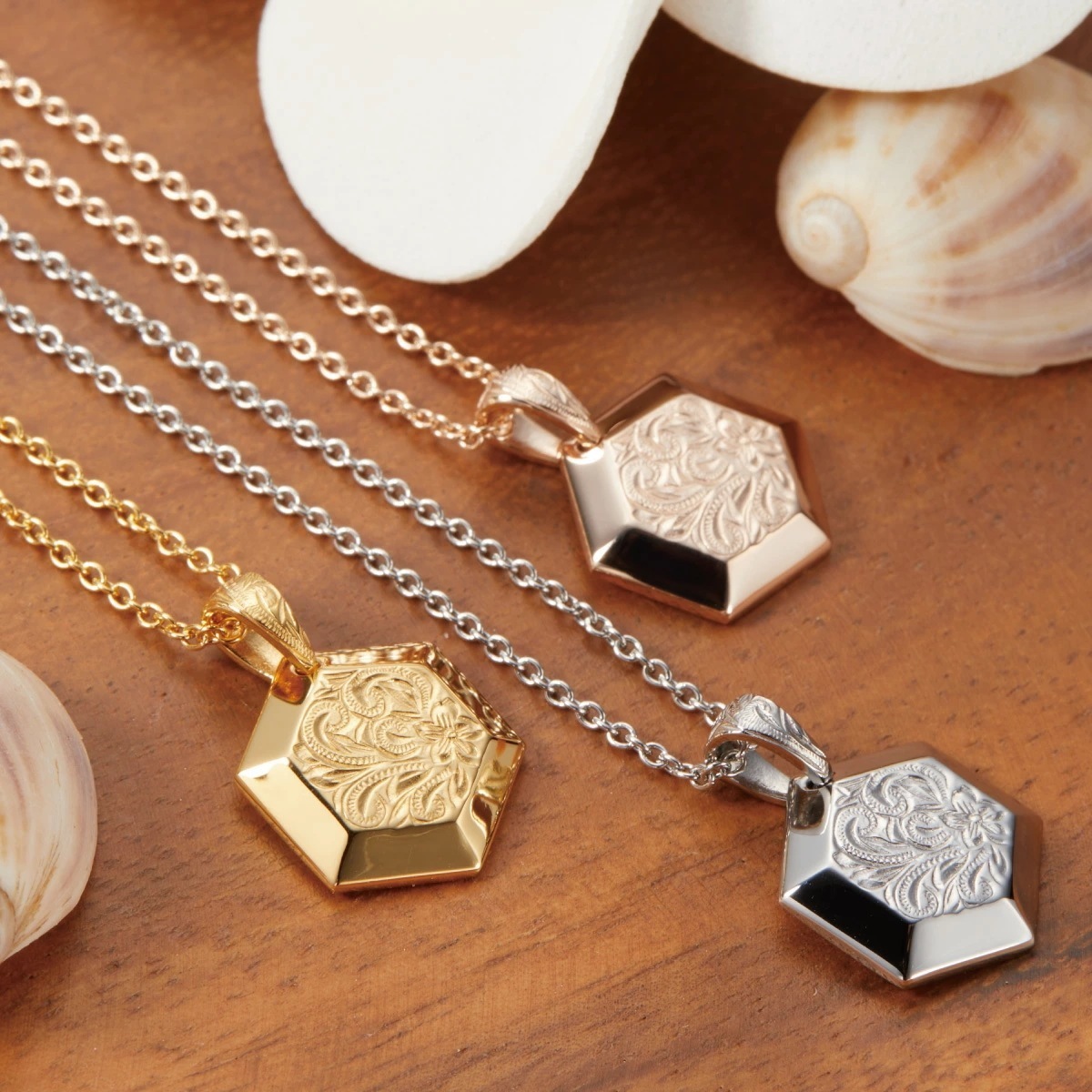 ネックレス レディース メンズ サージカルステンレス ハワジュ 六角形 ヘキサゴン プルメリア 波