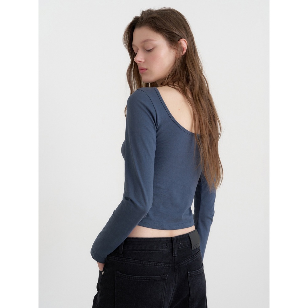 ヘザーメントベセットバックUネックTシャツ (ディープブルー)