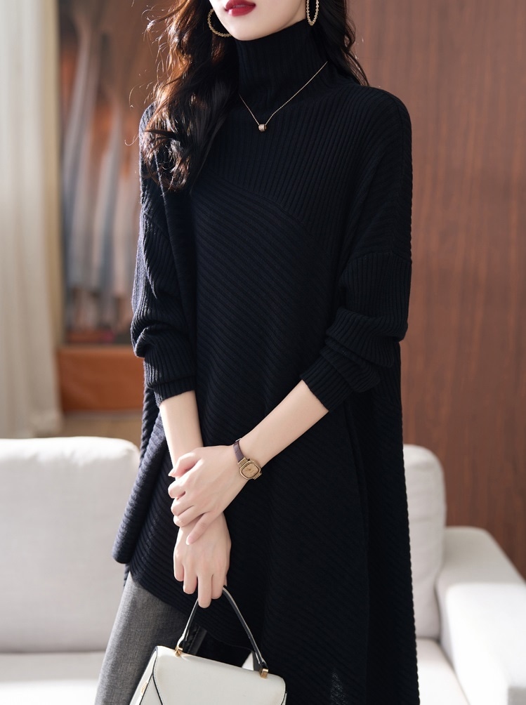 ファッション コート ニット ボトム シャツ 女性 冬 ハイカラー 緩いバージョン セーター ミドル丈 ブラック グリーン M L XL XXL トップス 袖あり かわいい 大人可愛い きれいめ