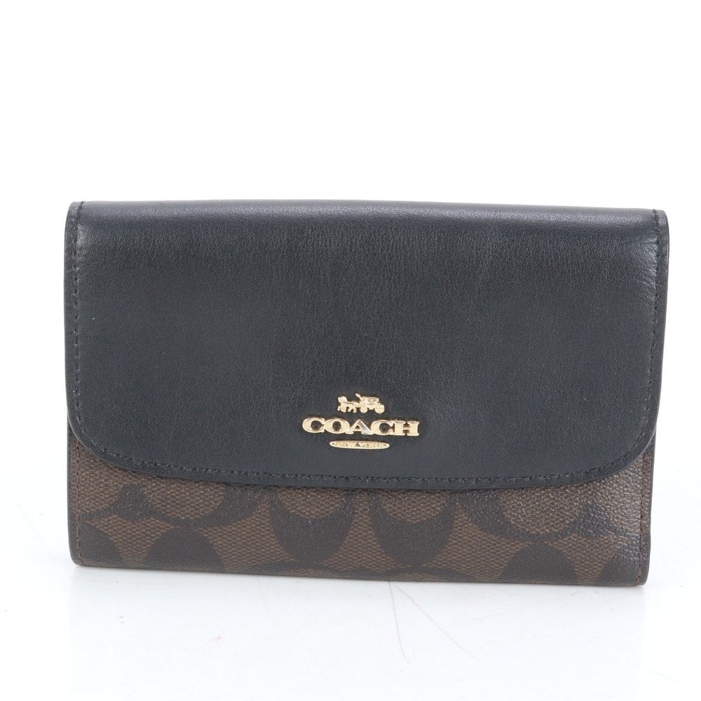 極美品 シグネチャー F32485 レザー×コーティングキャンバス 二つ折り 財布 長財布 二つ折り 三つ折り コンパクト ウォレット ラウンドファスナー レディース EUM CP23-2 中古