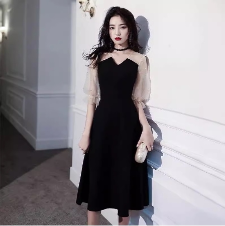 イブニングドレス ワンピース 膝丈 ひざ丈 膝下 袖あり 半袖 Aライン メッシュ パール 快適 着心地 かわいい 大人可愛い きれいめ シンプル おしゃれ お洒落 レトロ 大人女子 こなれ感