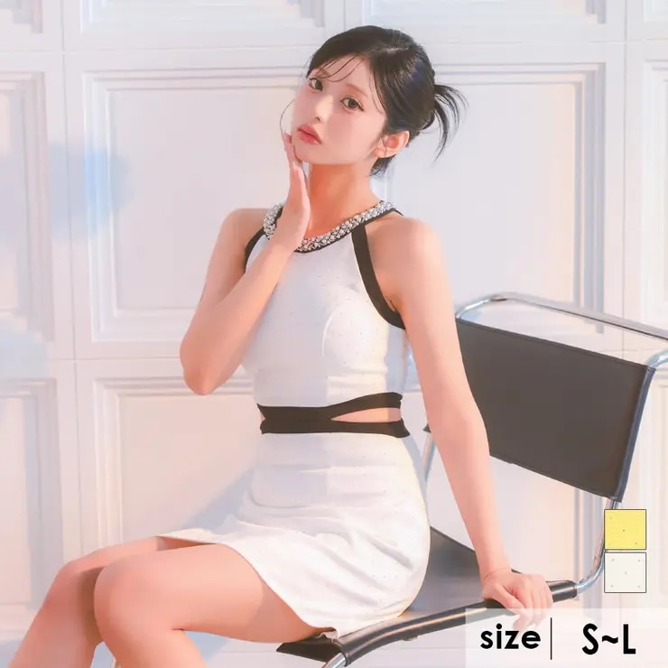 Tika キャバドレス ビジューネックウエストカットバイカラータイトミニドレス セクシードレス 袖なし ノースリーブ カットアウト ハイウエスト カットアウト サイドカット アメリカンスリーブ S-L