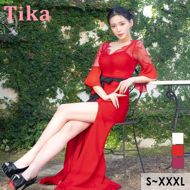 キャバ ドレス 袖あり ロング ウエストリボン レース ワンピース S～XXXLサイズ ベルスリーブ タイト 大きいサイズ セクシー キャバドレス キャバ嬢 キャバクラ ラウンジ レディース スリット
