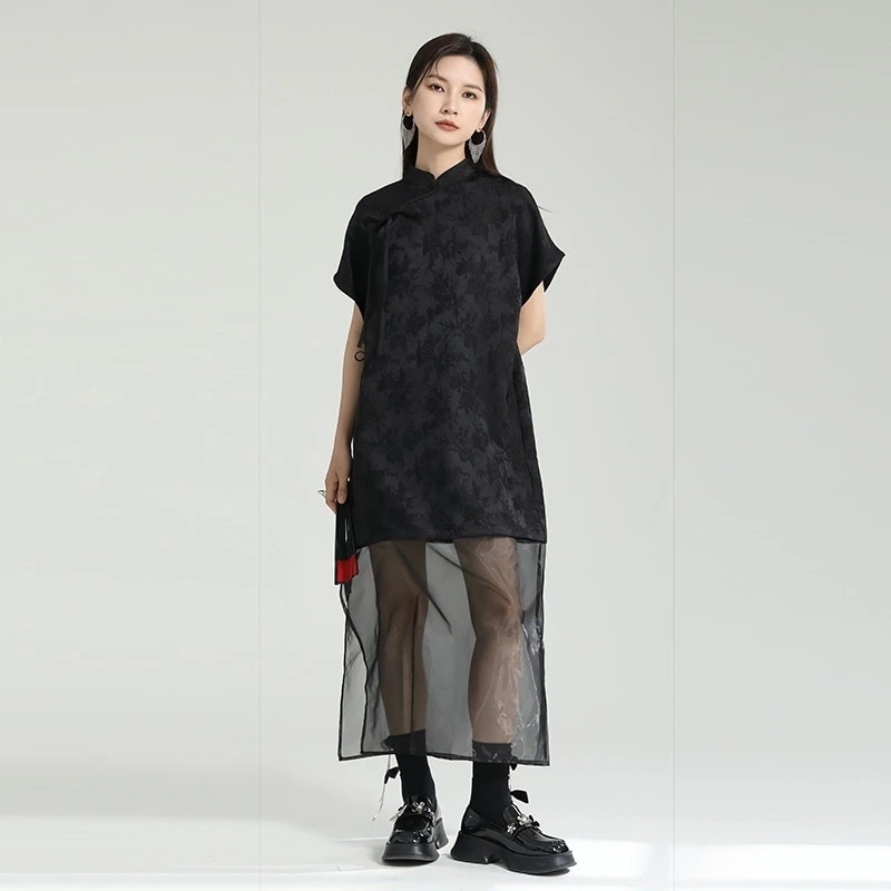 【J.Fashion】 民族風 チュール ドッキング ロングブラウス 半袖 シャツワンピース 体型カバー チュニック 中華風 チャイナドレス 日焼け止め 透明裾 ラッシュカード 水陸両用 メガ割30%