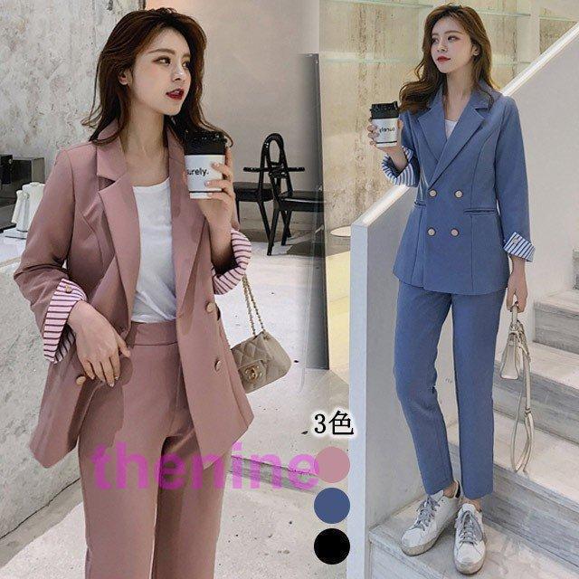レディース スーツ ピンク ブルー ブラック パンツスーツ 韓国風 お洒落 20代 30代 通学 通勤 2点セット スーツ 春 秋