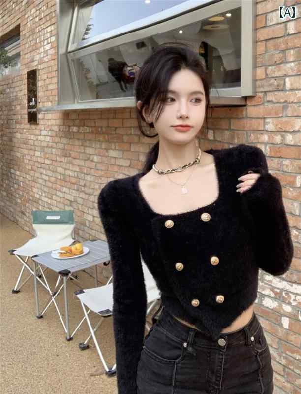 ニット レディース カーディガン おしゃれ カジュアル ショート スリム 長袖 スクエアネック セーター トップス 春秋 ジャケット 黒 ピンク ブルー